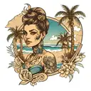 portrait of a girl overlapping the beach with the sea and palm trees tattoo design idea