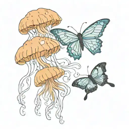 butterfly and jellyfish floating tattoo design idea