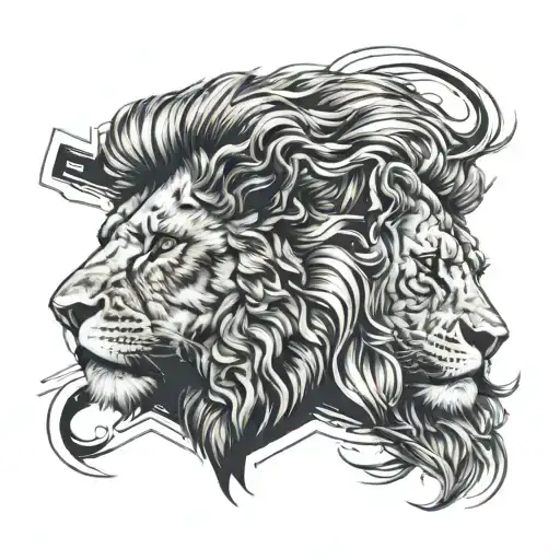 lion head split in half one side real and the other side abstract tattoo design idea