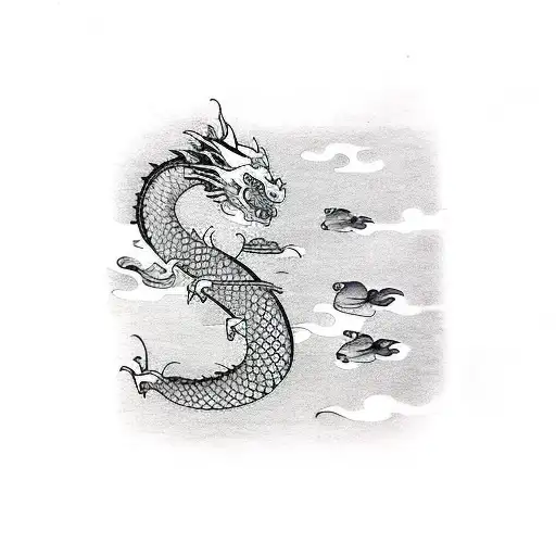 dragon  flying below koi fish swimming up stream tattoo design idea