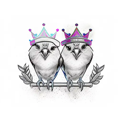 male and female love birds with crowns on there heads  tattoo design idea