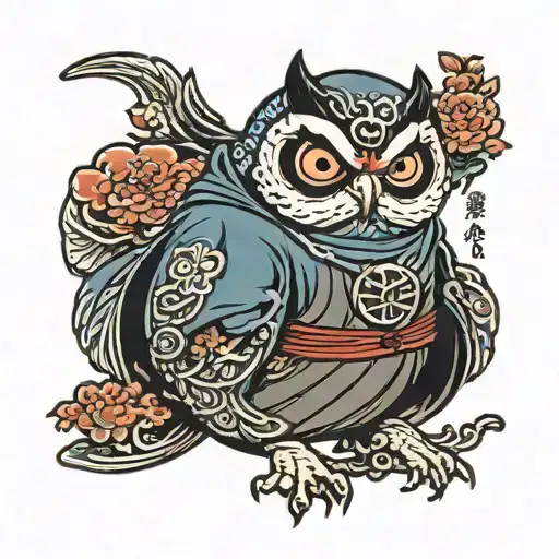 daruma owl dressed as ninja tattoo design idea