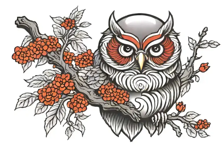 daruma owl on a cherry branch in grayscale with red accents and a kanji character  tattoo design idea
