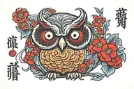 owl daruma doll with cherry flowers tattoo design idea