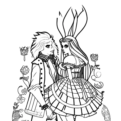 A colorful Alice in Wonderland scene with a punk twist tattoo design idea