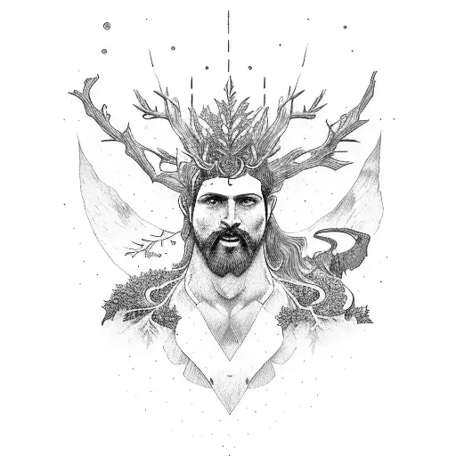 A mythical god of nature guiding a hiker through a dense forest tattoo design idea