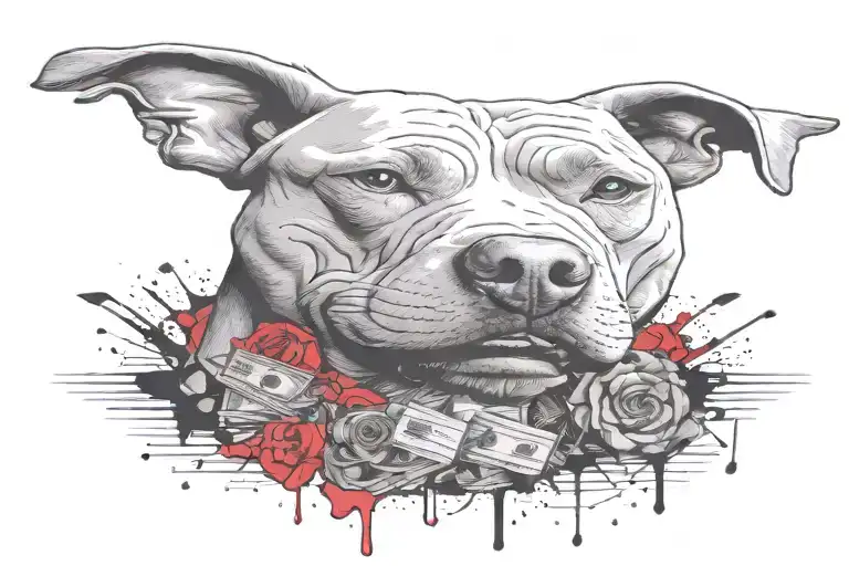 vicious pitbull with guns and money and music notes tattoo design idea