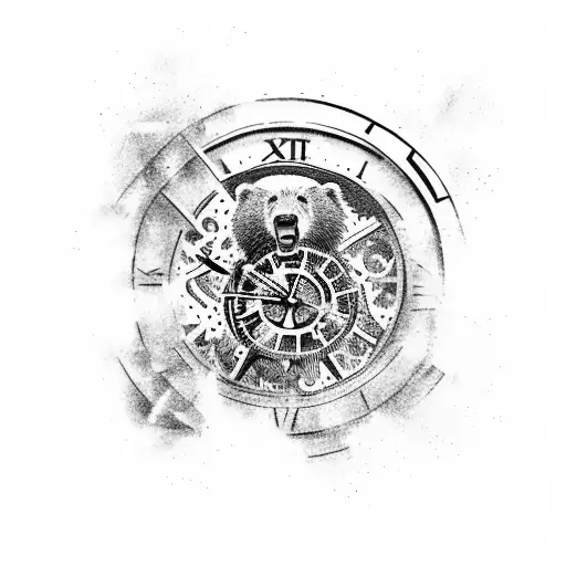roaring bear breaking through a clock with gears tattoo design idea