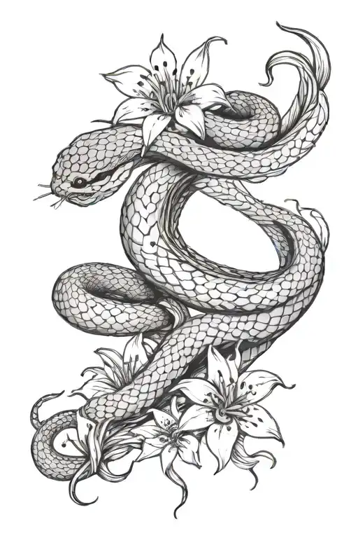 A snake coiled around a spider-lily flower tattoo design idea