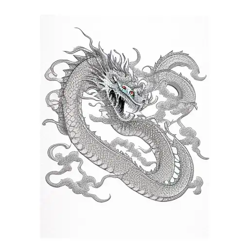 long body dragon, flying, long mustache,fire breath  tattoo design idea