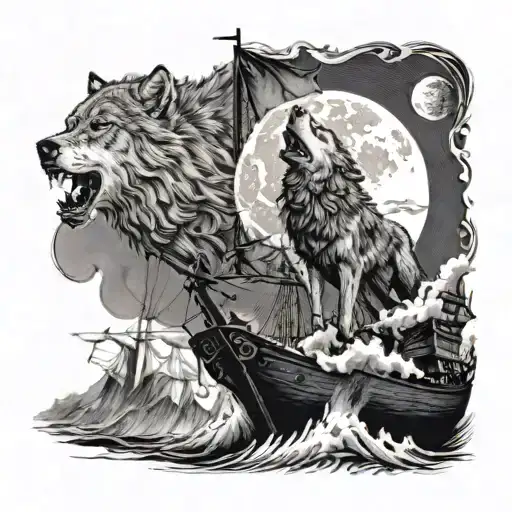 A majestic wolf howling at the moon while standing on a pirate ship sailing through stormy seas tattoo design idea