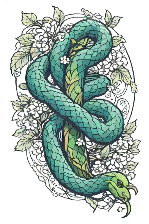 snake wrapped around forearm with apple tree intertwined tattoo design idea