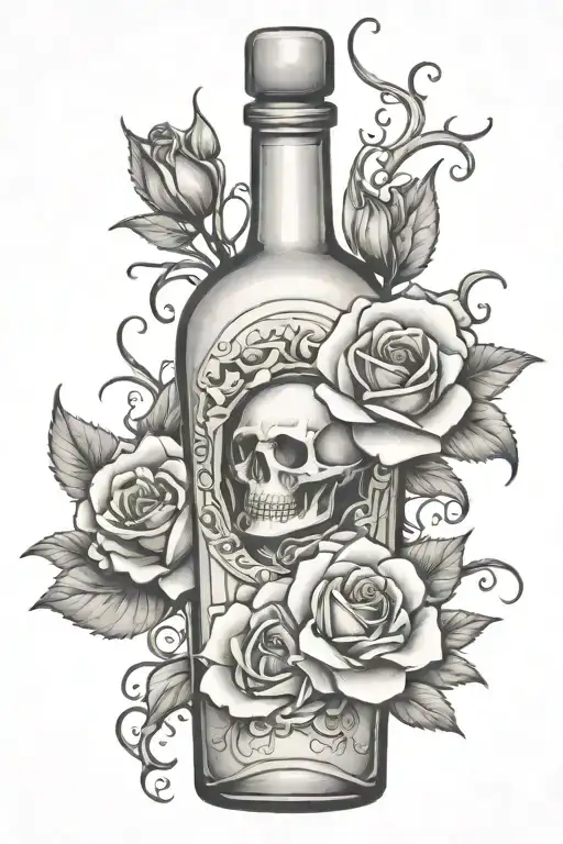 Empty Tequila bottle with roses and thorns sticking out of the bottle  tattoo design idea