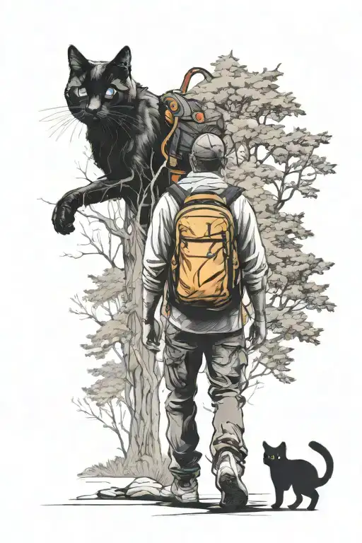 black and white tattoo design: man from behind walking with backpack in the forest with a black cat next to him, tattoo design idea