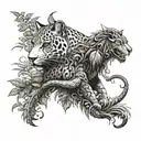 gothic jaguar and dragon with leafs and ferns tattoo design idea