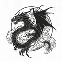Japanese style, female dragon with wings, slender body, fire breath,  symmetrical, clouds tattoo design idea
