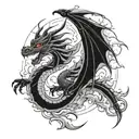Japanese style, female dragon with wings, slender body, fire breath,  symmetrical, clouds tattoo design idea