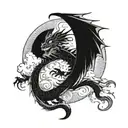 Japanese style, female dragon with wings, slender body, fire breath,  symmetrical, clouds tattoo design idea