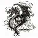 Japanese style, female dragon with wings, slender body, fire breath,  symmetrical, clouds tattoo design idea