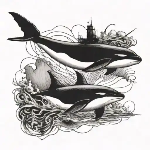 The sketch shows Something unusual with an example: killer whales, whales, frigates.  In collaboration with a killer wha tattoo design idea