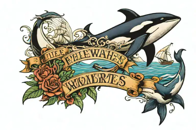 Something cute and fantastic with an example: killer whales, whales, frigates and the sea. With the inscription whale. tattoo design idea