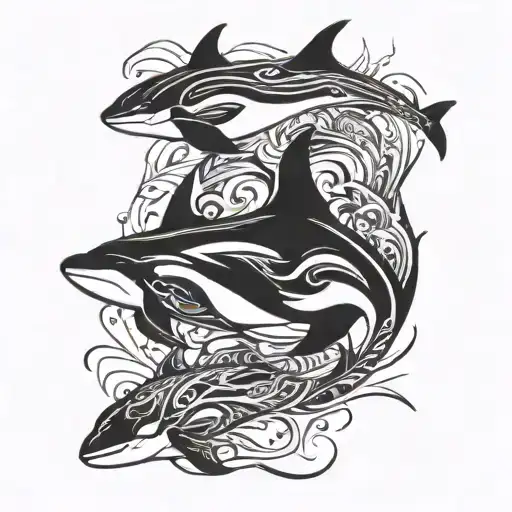 Something cute and fantastic with an example: killer whales, whales, frigates and the sea. With the inscription whale. tattoo design idea