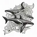 Something cute and fantastic with an example: killer whales, whales, frigates and the sea. With the inscription whale. tattoo design idea