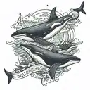 Something cute and fantastic with an example: killer whales, whales, frigates and the sea. With the inscription whale. tattoo design idea
