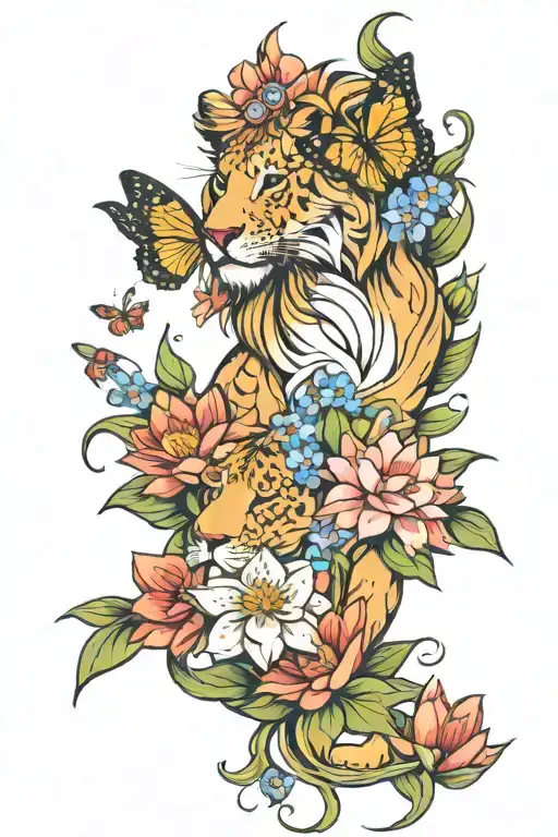 female lion, butterflies, Delphinium flower, and a water lily  tattoo design idea