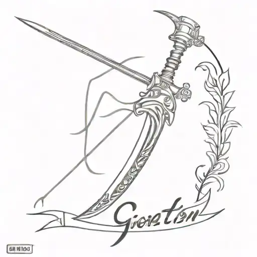 cyber sigilism sword with words "no quarter" inside tattoo design idea