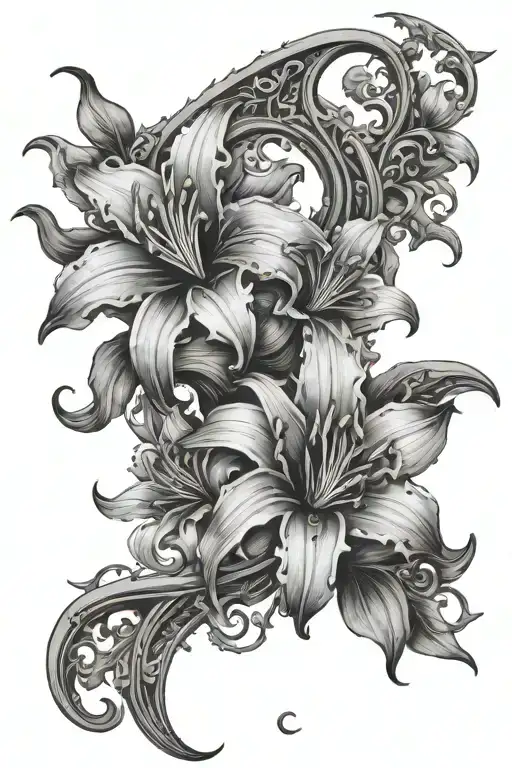 Gothic lilies with a crescent moon inscribed in the background tattoo design idea