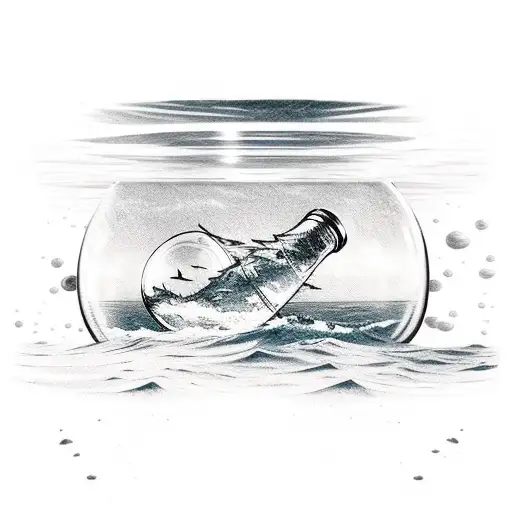 Ship in a bottle on a calm sea with God’s hand holding it up while storms and waves rage below and around it tattoo design idea