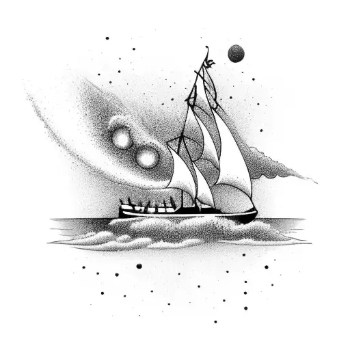 the Ship that is in a bottle on a calm sea with God’s hand holding it up while storms and waves rage below and around it tattoo design idea