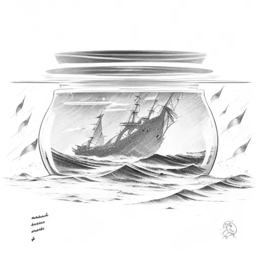 the Ship that is in a bottle on a calm sea with God’s hand holding it up while storms and waves rage below and around it tattoo design idea