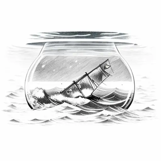 Ship in a bottle on a calm sea with God’s hand holding it up while storms and waves rage below and around it tattoo design idea