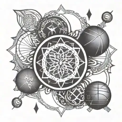 An intricate mandala design representing balance and harmony, with hidden basketball and crossfit symbols throughout tattoo design idea