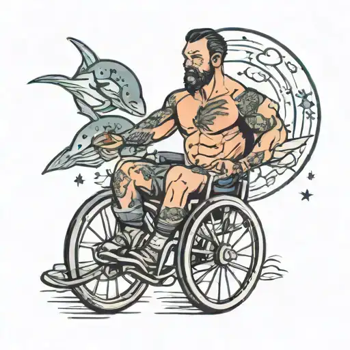 Muscular Man in a wheelchair on the moon surrounded by stars and flying fishes tattoo design idea