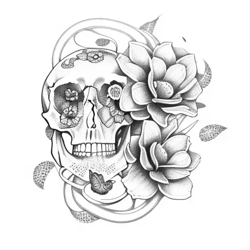 flowers with skull butterfly and snake tattoo design idea