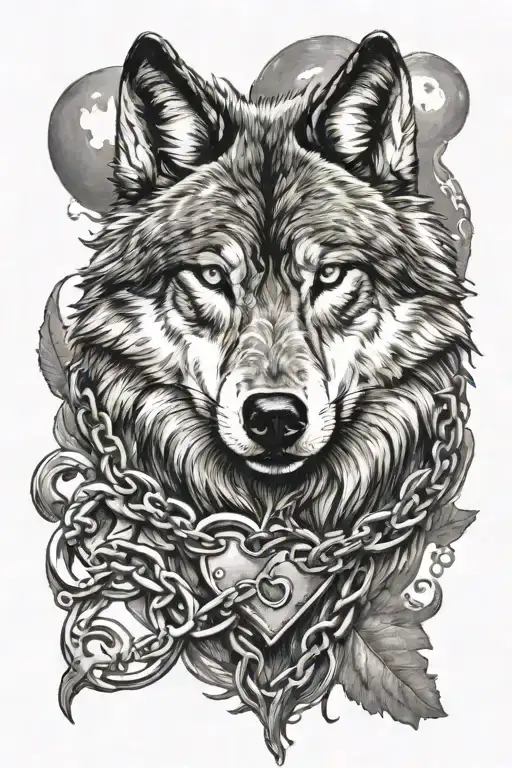 Wolf with a chain around its neck in the shape of a heart  tattoo design idea