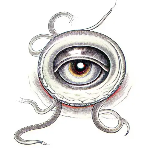 long snake with semicolon in the eye surrounded by white spider lillies tattoo design idea