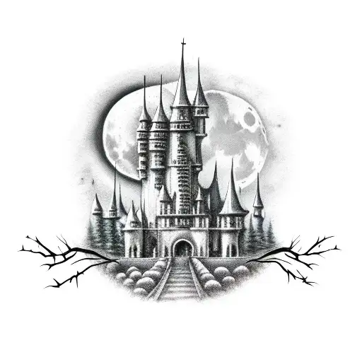 bats with Halloween trees and haunted house with moon tattoo design idea