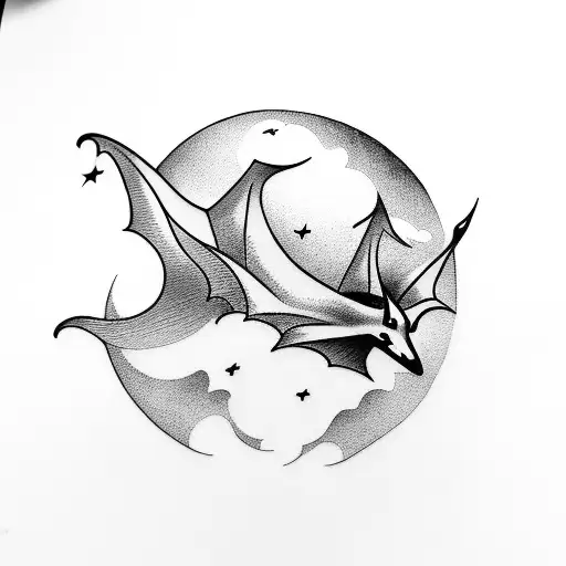 bat flying half moon  tattoo design idea