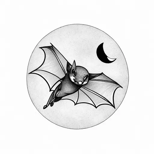 cute bat flying up, half moon in the background tattoo design idea