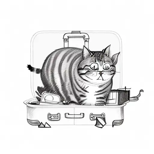 A sketch-style tattoo showcasing a cat and pig sitting together on a suitcase, with various travel landmarks and food items incorporated around them. tattoo design idea