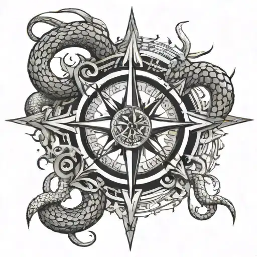 Combine intricate compass details with intertwined snakes representing loyalty and deceit, with subtle music notes and money symbols woven into the design tattoo design idea