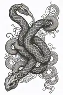 Create a unique design featuring intertwined snakes symbolizing betrayal and trust issues, with subtle music notes and money symbols hidden within tattoo design idea