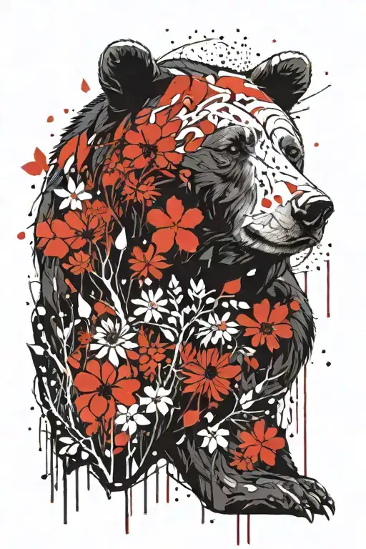 bear, geo patern, wild flowers, tree of life with roots, geo shapes, paint splatter tattoo design idea