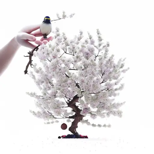 A surreal scene of a sakura tree growing out of a vintage Japanese teapot, with the branches intertwining with the client's hands in open palms, one palm alive and blooming on which there is a bird, and the other withered on the finger which hangs the sparrow tattoo design idea