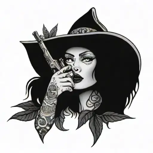 chicana with gun and marijuana leaf tattoo design idea