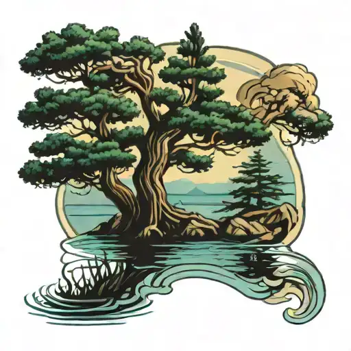 cypress tree in water tattoo design idea
